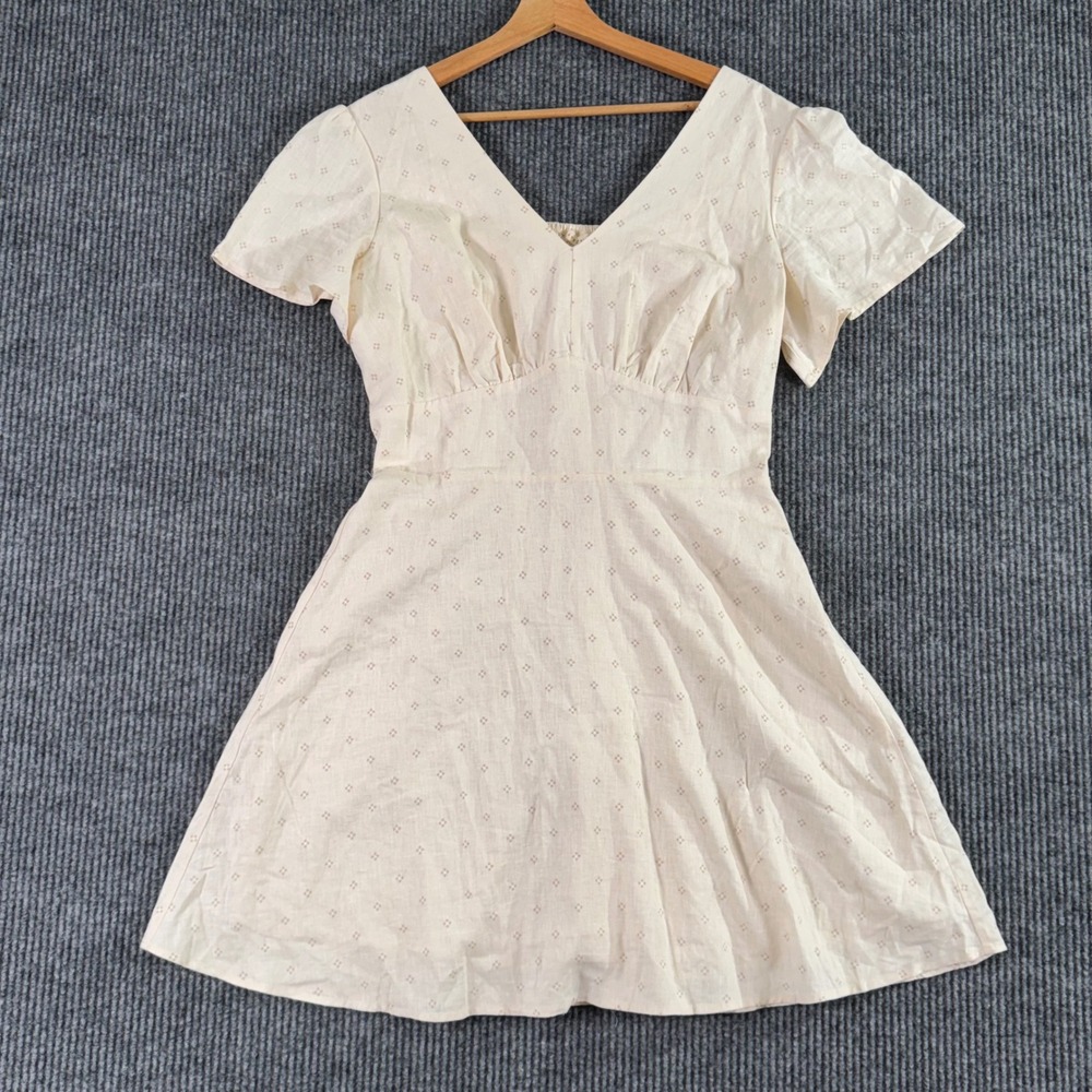 Cottagecore Mini Dress L Beige Eyelet Embroidered‎ Romantic Fairy Grunge Summer